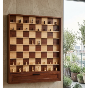 Jeu d’échecs mural en bois d’acajou et de frêne avec rangement