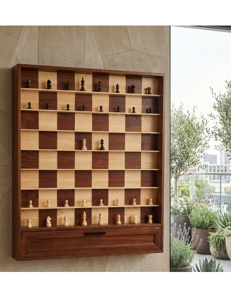 Jeu d’échecs mural en bois d’acajou et de frêne avec rangement
