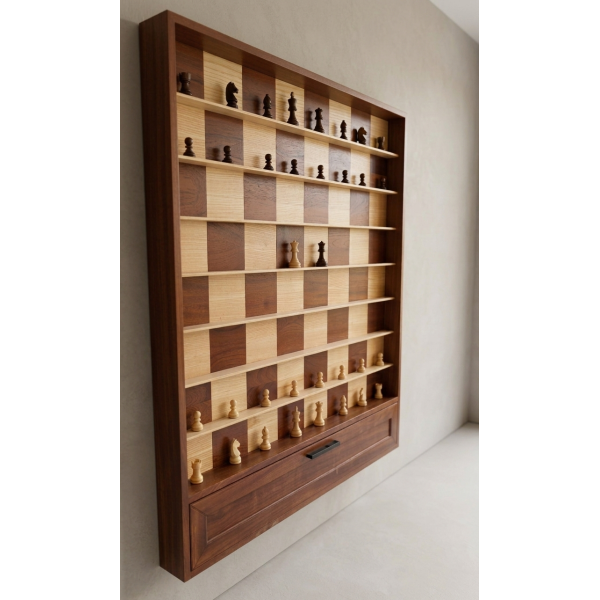 Jeu d’échecs mural en bois d’acajou et de frêne avec rangement