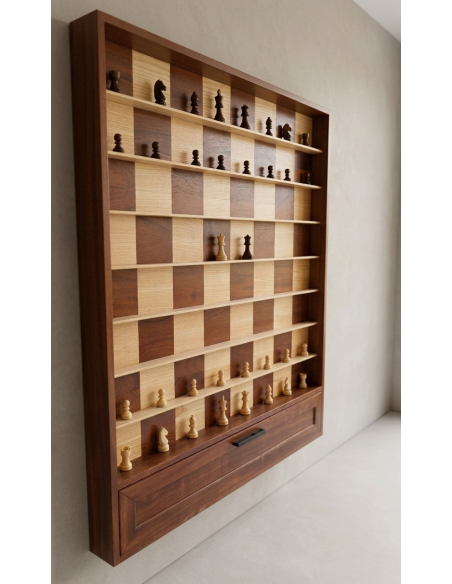 Jeu d’échecs mural en bois d’acajou et de frêne avec rangement