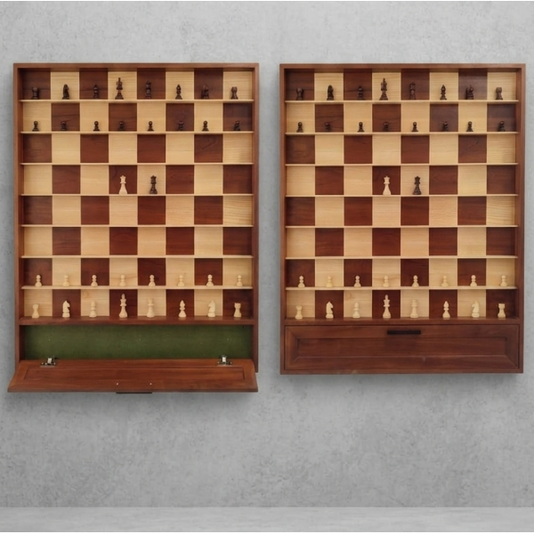 Jeu d’échecs mural en bois d’acajou et de frêne avec rangement