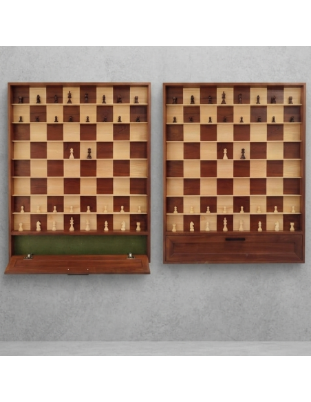 Jeu d’échecs mural en bois d’acajou et de frêne avec rangement
