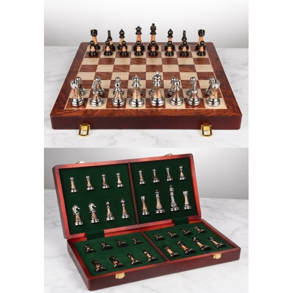 Jeu d’échecs Staunton décoratif en métal argenté et noir avec échiquier en bois
