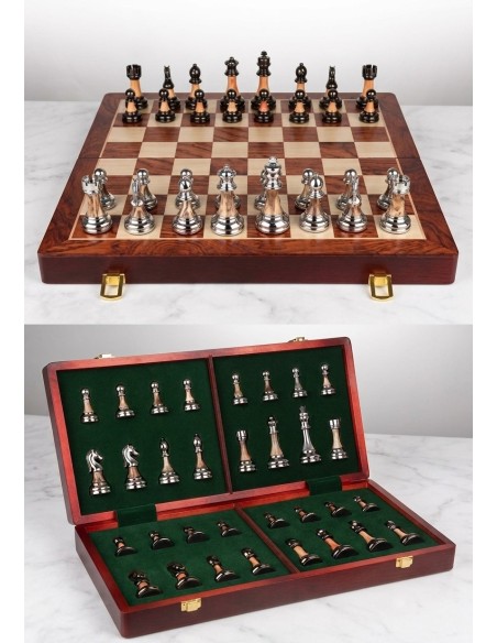 Jeu d’échecs Staunton décoratif en métal argenté et noir avec échiquier en bois