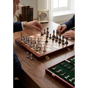 Jeu d’échecs Staunton décoratif en métal argenté et noir avec échiquier en bois 2