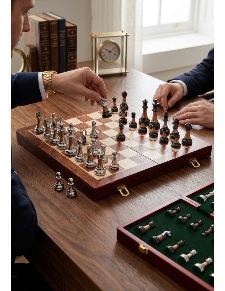 Jeu d’échecs Staunton décoratif en métal argenté et noir avec échiquier en bois