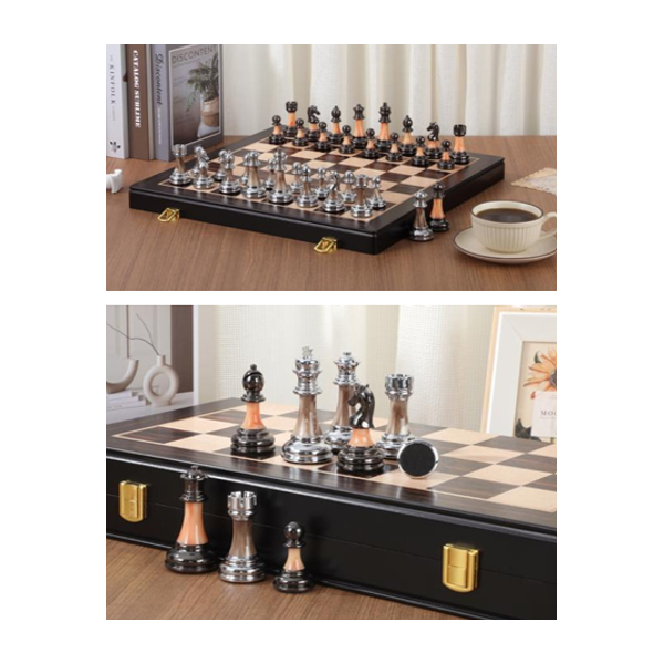 Ensemble d’échecs Staunton Silver & Black – Finition métal anodisé