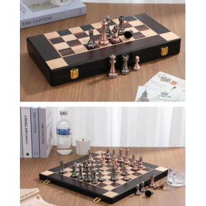 Jeu d’échecs Staunton en métal véritable avec boîte-plateau en bois