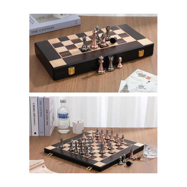 Jeu d’échecs Staunton en métal véritable avec boîte-plateau en bois