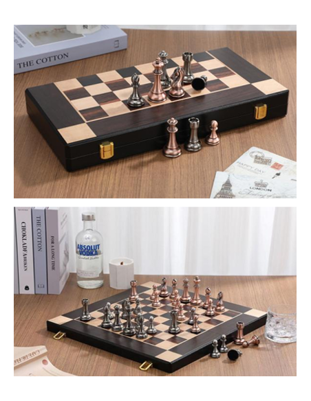 Jeu d’échecs Staunton en métal véritable avec boîte-plateau en bois